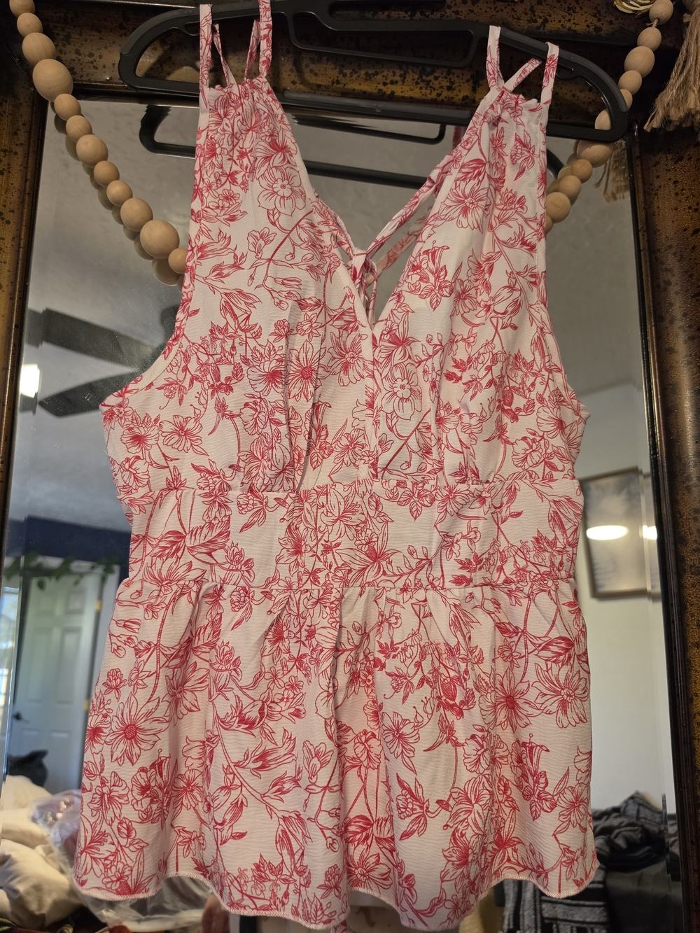 SHEIN Cream Tank Top with Pink Floral Print and Tie-Back Straps